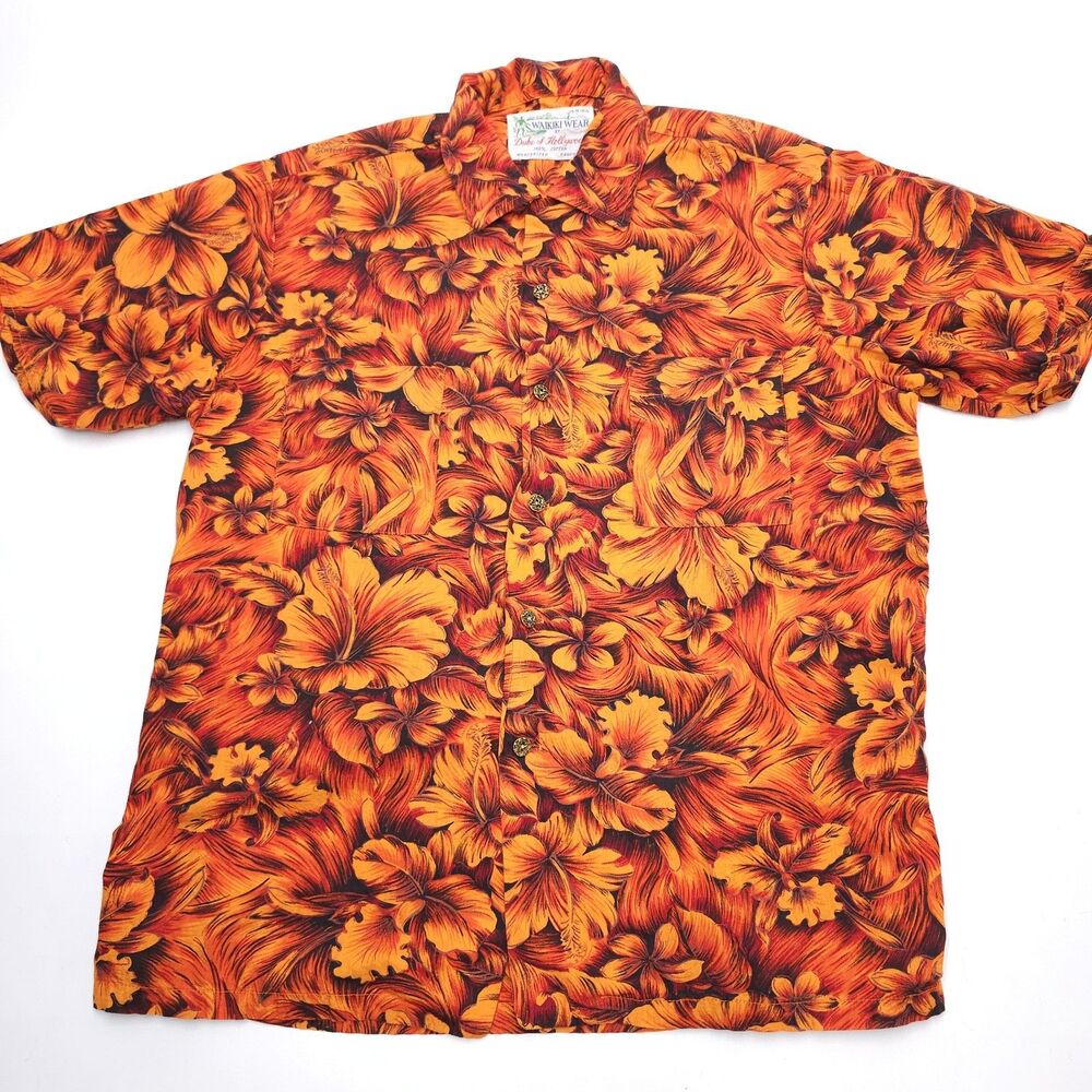 Waikiki Wear Duke of Hollywood Hawaiian Shirt Orange Floral Gold Nugget Button M